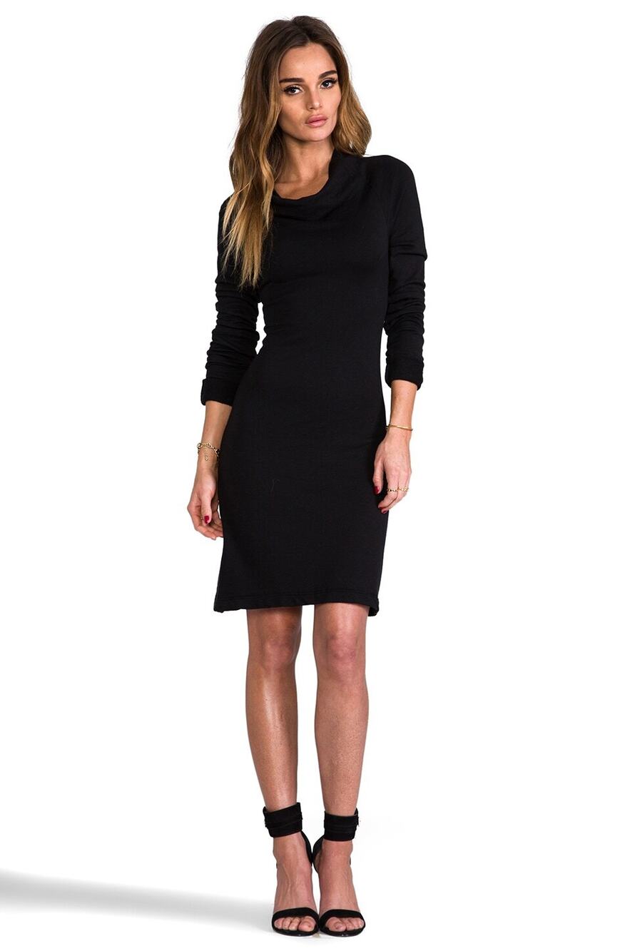 James Perse Women's Black Funnel Neck Terry Cloth Cotton Long Sleeve Dress Sz 2
